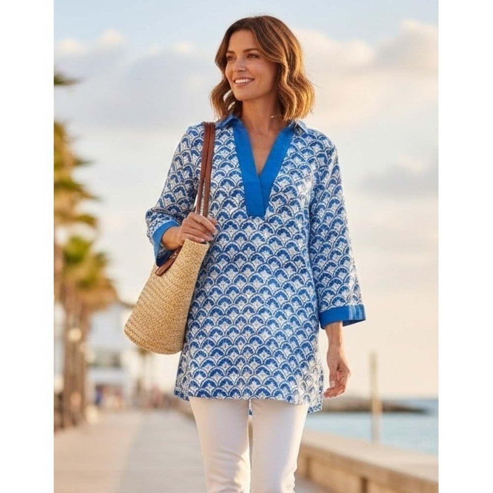 Sigrid Olsen Tunic Top Women's Size M Linen Shirt Pullover Geometric Blue Casual